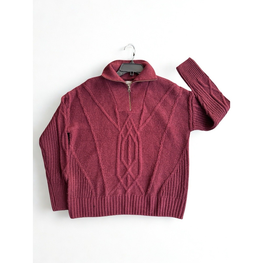 Natural reflections cable quarterzip pullover sweater QuietLuxury Grandpa Wine M